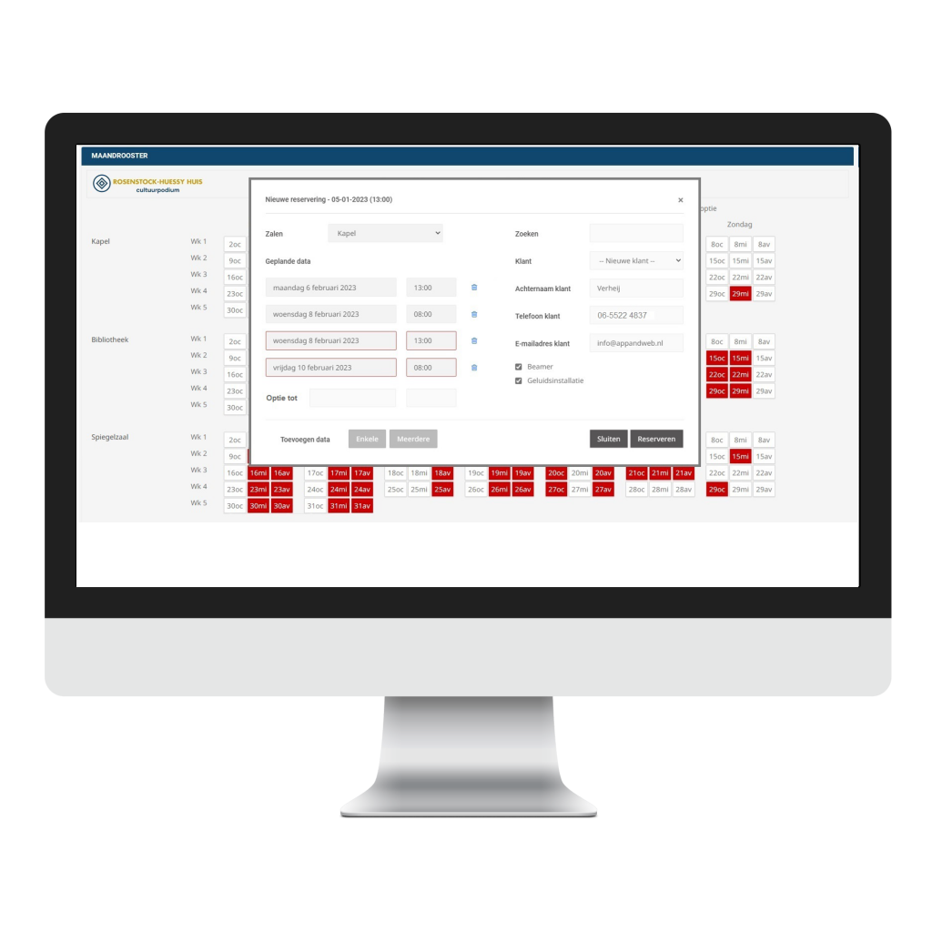 Zaalreservering nieuwe