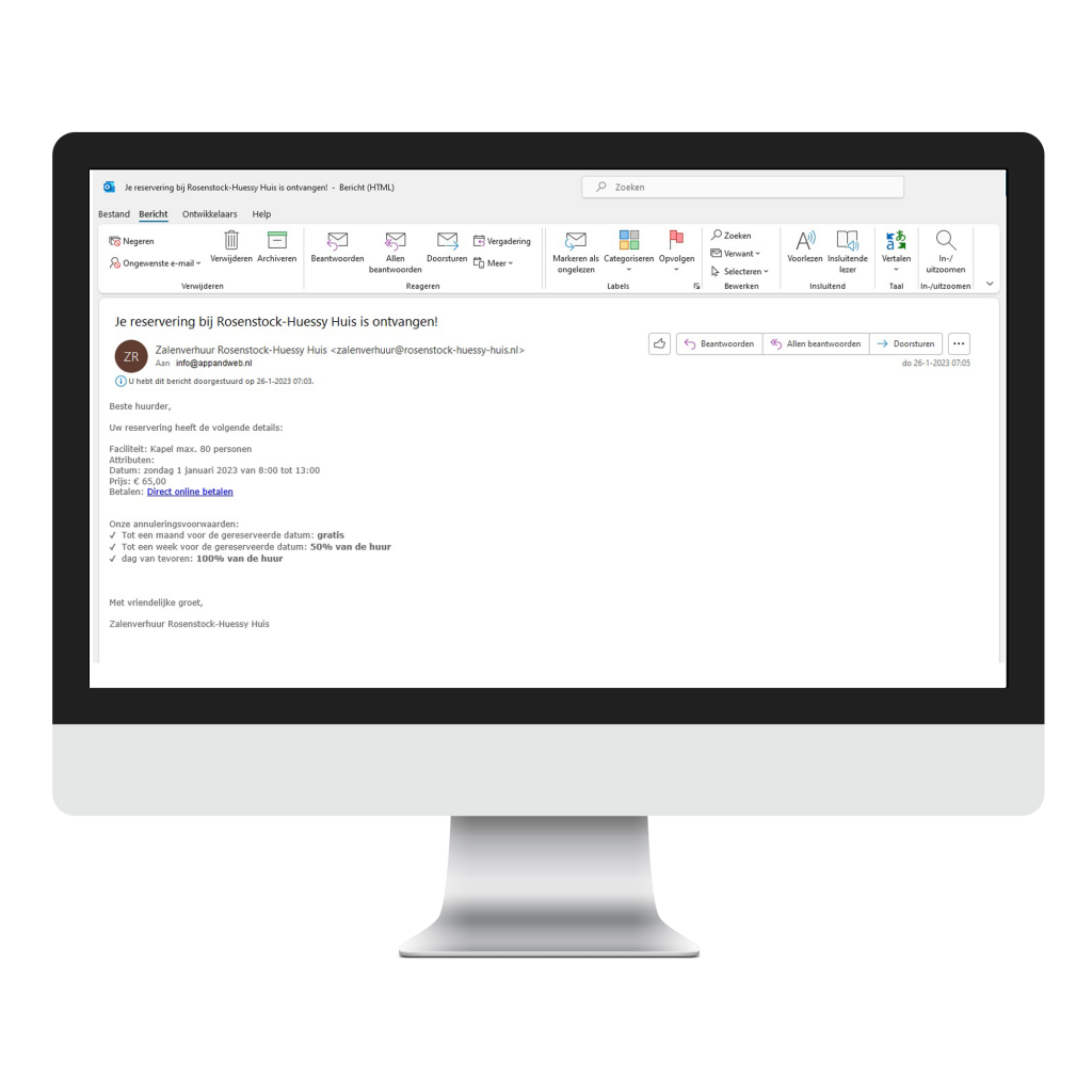 Zaalreservering email bevestiging