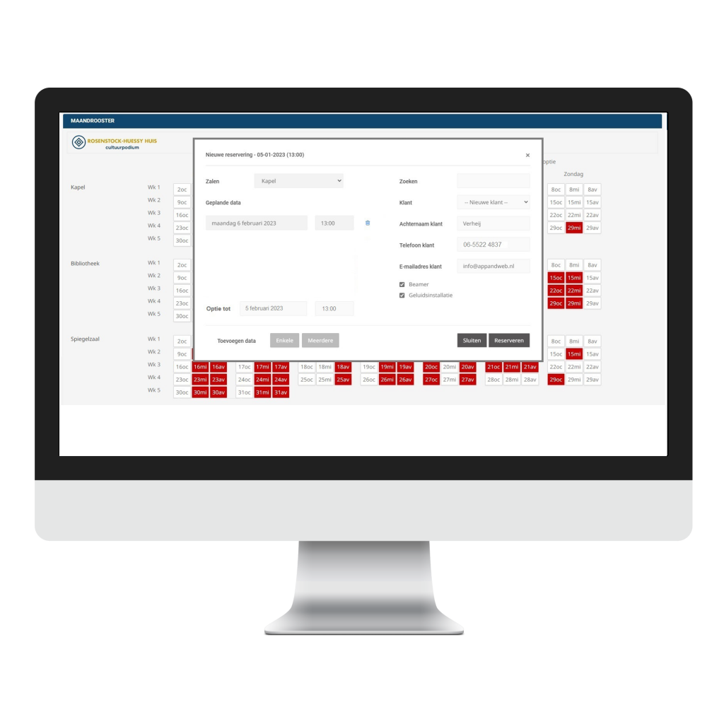 Zaalreservering nieuwe reservering