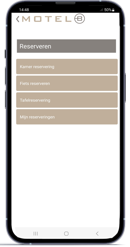 Motel mobiele applicatie reserveren hoofdmenu