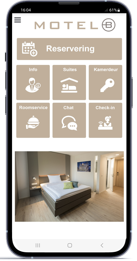 Motel mobiele applicatie hoofdmenu reservering