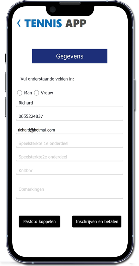 Tennisapp persoonlijke gegevens