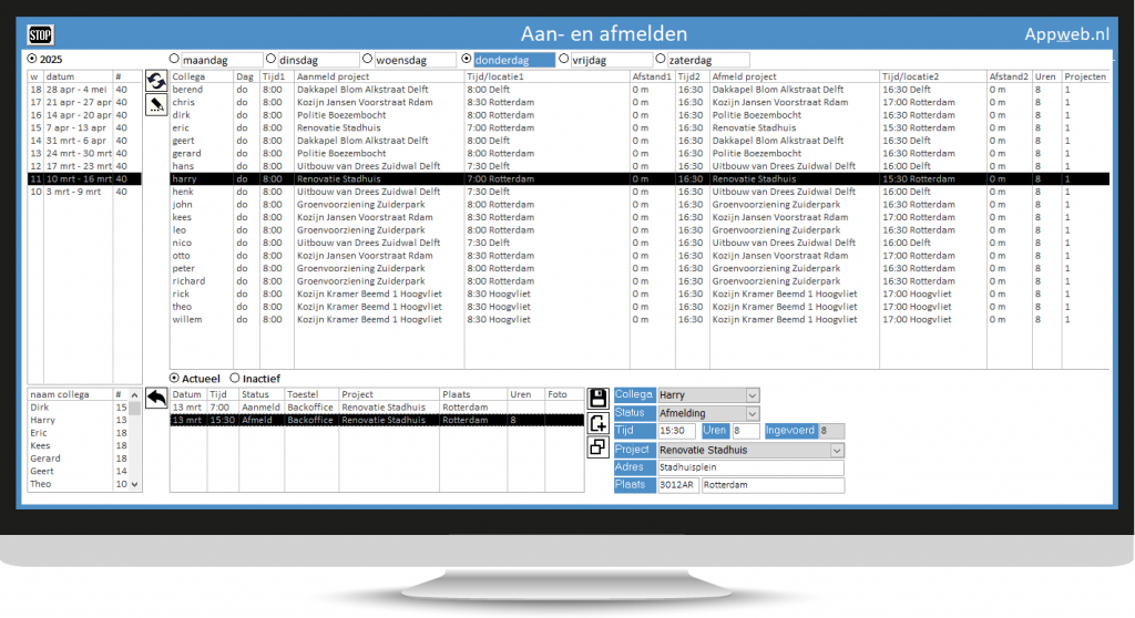 Aan en afmelden urenregistratie backoffice appandweb.nl