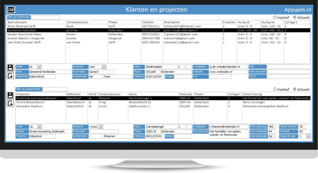 Klanten en projecten backoffice van appandweb.nl