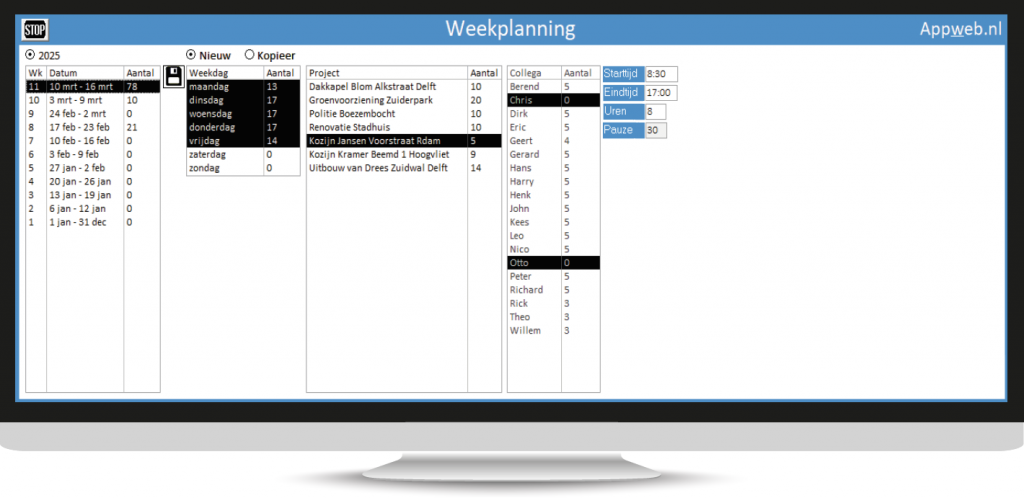 Planningsysteem backoffice van appandweb.nl
