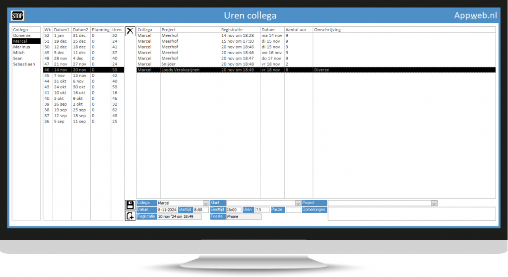 Urenregistratie backoffice aapandweb.nl